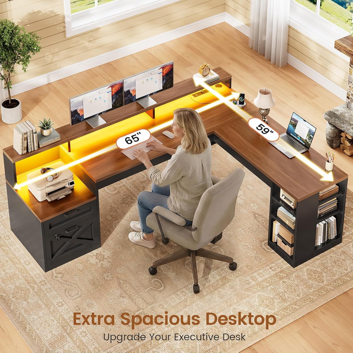SEDETA L Shaped Desk with 2 Drawers, 65"x 59" Large Home Office Desk with Lockable File Drawer & Power Strip, Corner Desk with Storage & LED Strip, Black + Brown