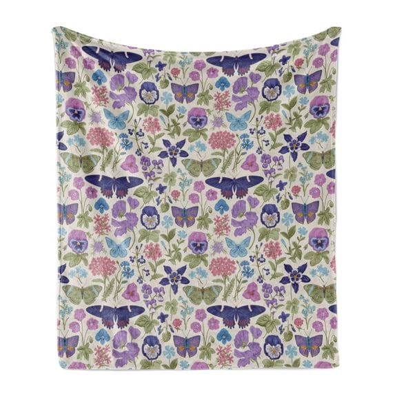 Floral Soft Flannel Fleece Throw Blanket, Vintage Butterfly Meadow Flowers Pansy Flower on Muted Tone Backdrop, Cozy Plush for Indoor and Outdoor Use, 60" x 80", Pale Tan and Multicolor, by Ambesonne