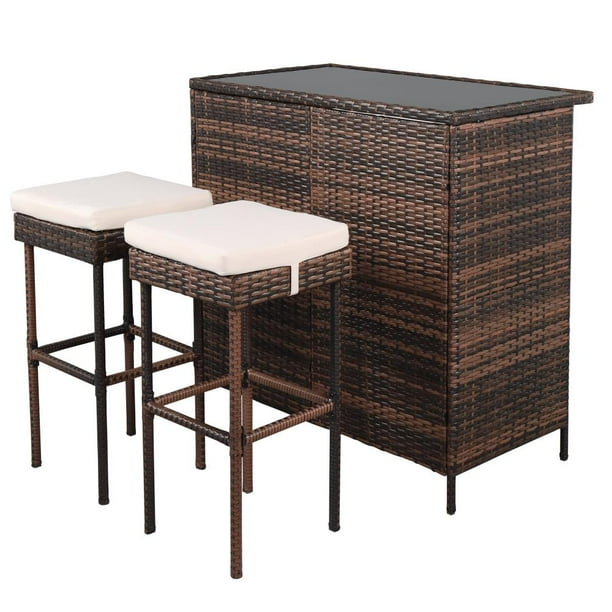 UBesGoo 3PCS Patio Rattan Wicker Bar Table Stools Dining Set Cushioned