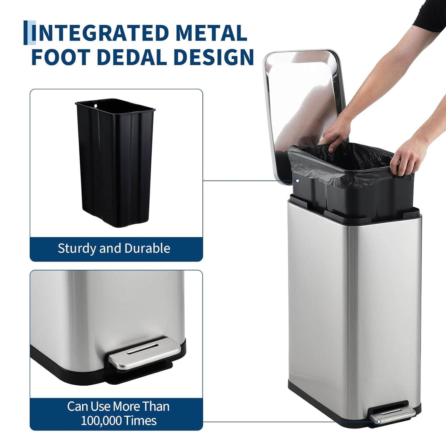 13 Gallon/50 L Stainless Steel Trash Can with Soft-Close Lid for Kitchen, Dining Room,Fingerprint Resistant Narrow Rectangle Garbage Can with Removable Inner Bucket Trash Bin,Silver
