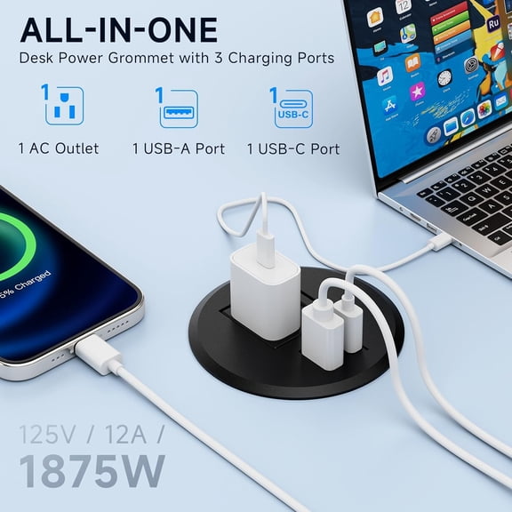 PYYAN-Desk Power Grommet Outlet, Recessed Power Outlet with 20W USB-C Fast Charging, 2.76 inch for Conference Rooms, Office Tables, Furniture, 6.5FT Cord(UL Listed)