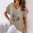 thumbnail image 2 of Jewelreauty Cotton Linen Shirts Women Short Sleeve V Neck Floral Print T-Shirts Casual Cozy Pullover Summer Tops (L, C Khaki), 2 of 4