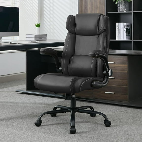 Office Desk Chair,Ergonomic Conference Room Chairs,Mid Back Executive Leather Chair,Comfy Computer Desk Chairs with Adjustable Flip-Up Arms and Rocking Function (Black)