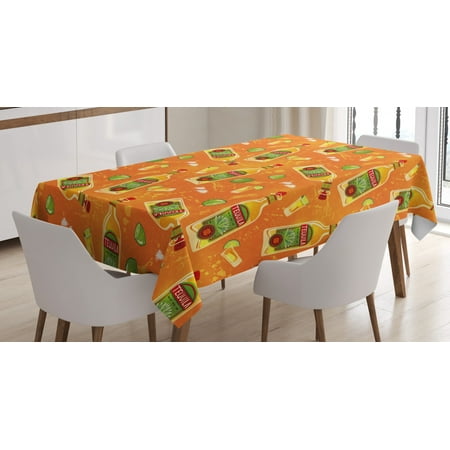 Tequila Tablecloth, Pattern of Alcoholic Drink Bottles Shot Glasses and Limes, Rectangular Table Cover for Dining Room Kitchen, 60