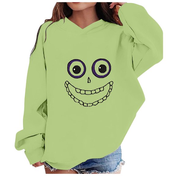 Kogui Trendy Casual Hooded Sweatshirt For Girls, Comfort Fit Unique Halloween Graphic Print, Holiday Daily Matching Tops (Green, 7-8 Years)