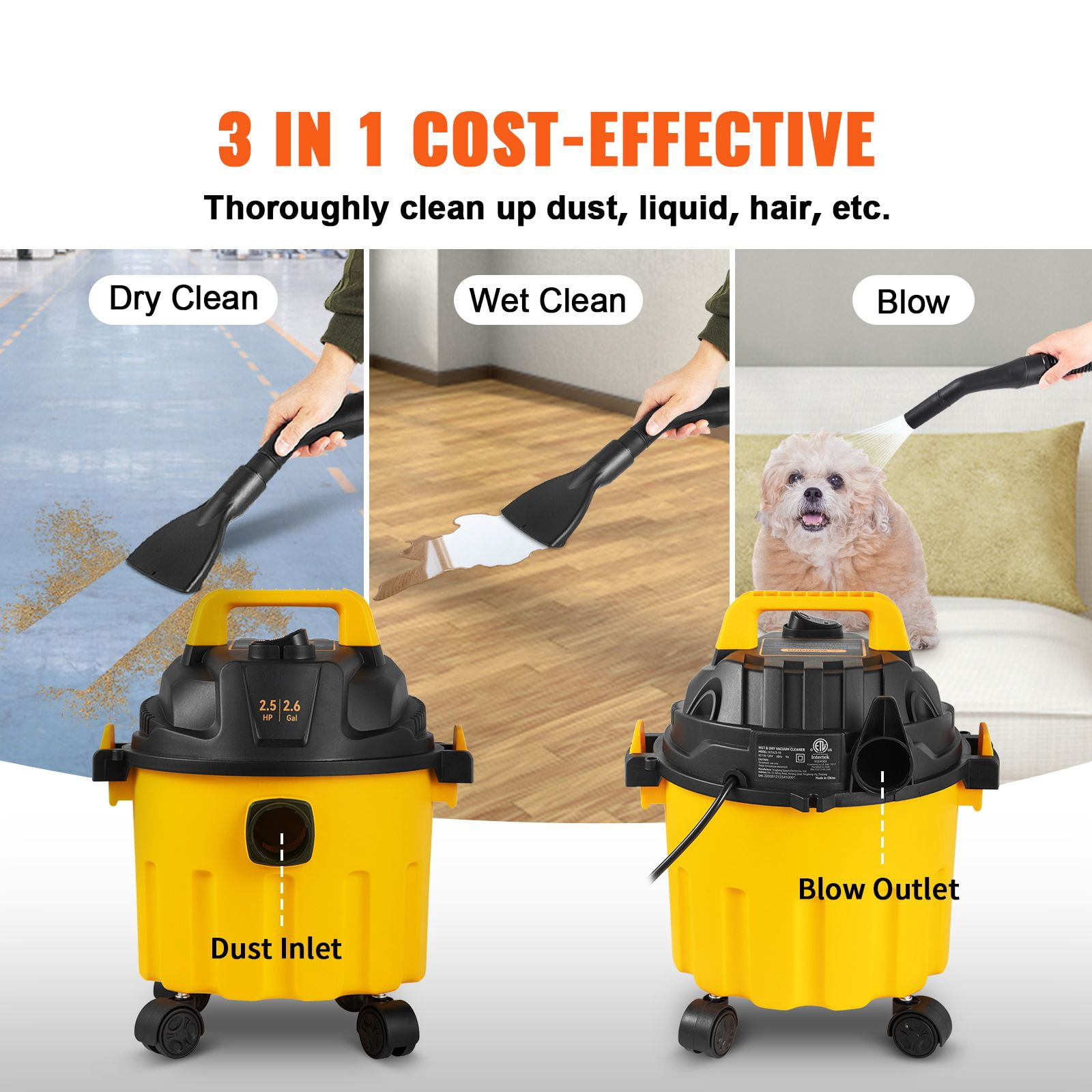 Wet Dry Vac, 2.6 Gallon, 2.5 Peak HP, 3 in 1 Portable Shop Vacuum with Blowing Function, Attachments Storage, Perfect for Cleaning Floor, Upholstery, Gap, Car, Black/Yellow, ETL Listed