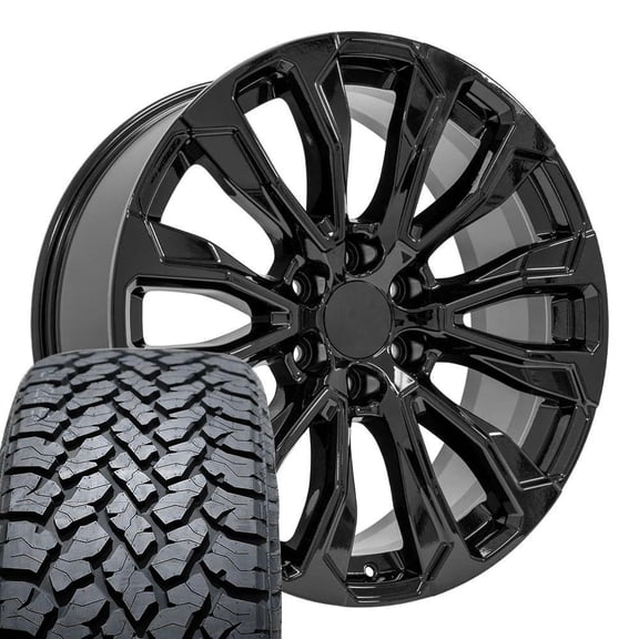 OE Wheels CV30 22 Inch Rims and Tires Fit Yukon Denali Style 6x139.7 22x9 Gloss Black - Hollander 14025 - TS-37 AT 285/45-22 (Set of 4)
