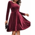 thumbnail image 2 of Women'S Velvet Dress Long Sleeve Cocktail Dresses Flare Swing Mini Prom Dress for Wedding Guest Wine Red S, 2 of 7