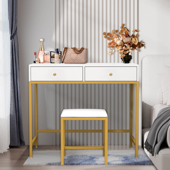 Yamissi Modern Vanity Table Set and Stool, Two Drawers Desk, Bedroom Computer Desk for Women, Rose Gold