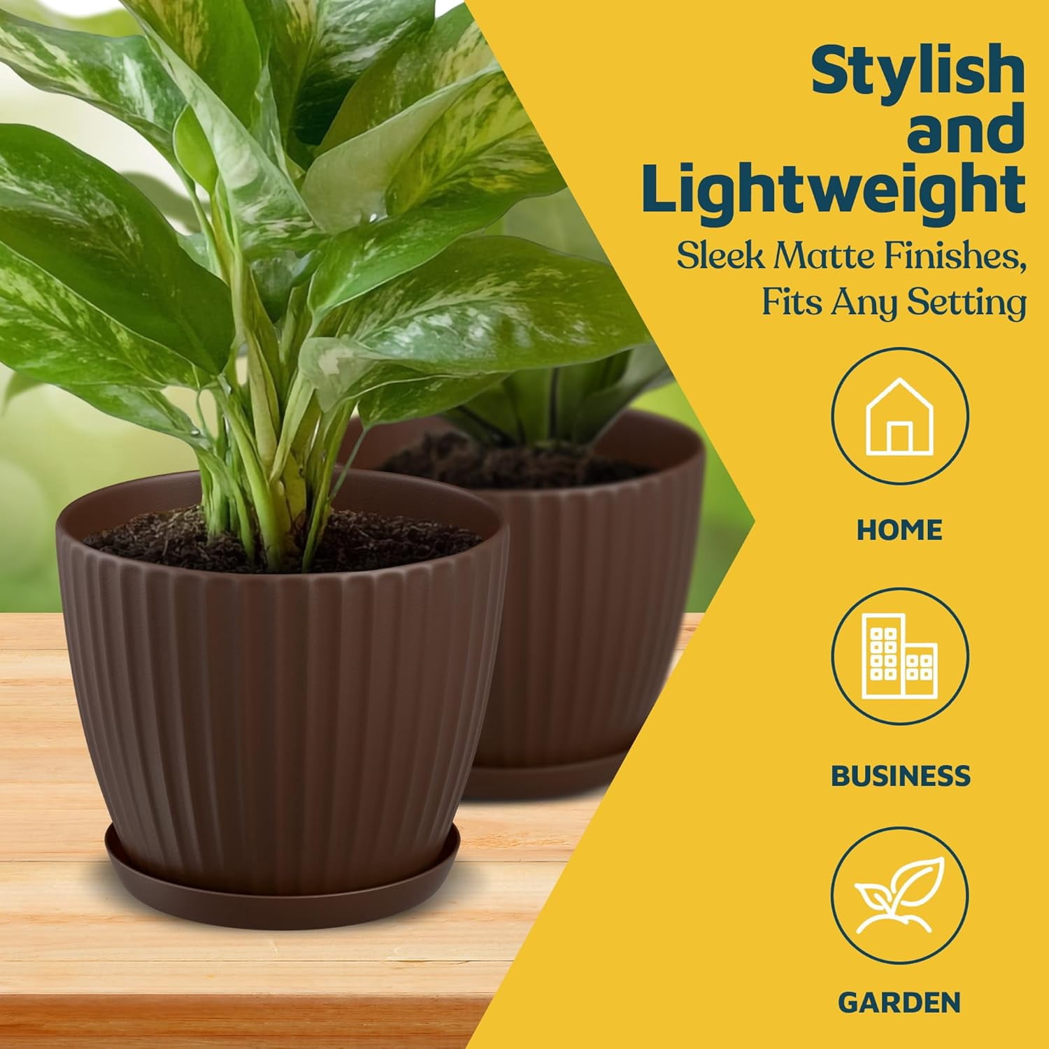 Brown 6-Inch Plant Pots with Drainage & Saucers 6 Pack, Indoor & Outdoor Planters for Houseplants, Herbs, and Flowers, Durable & Weatherproof Material, Stackable, Lightweight, Minimalist Design