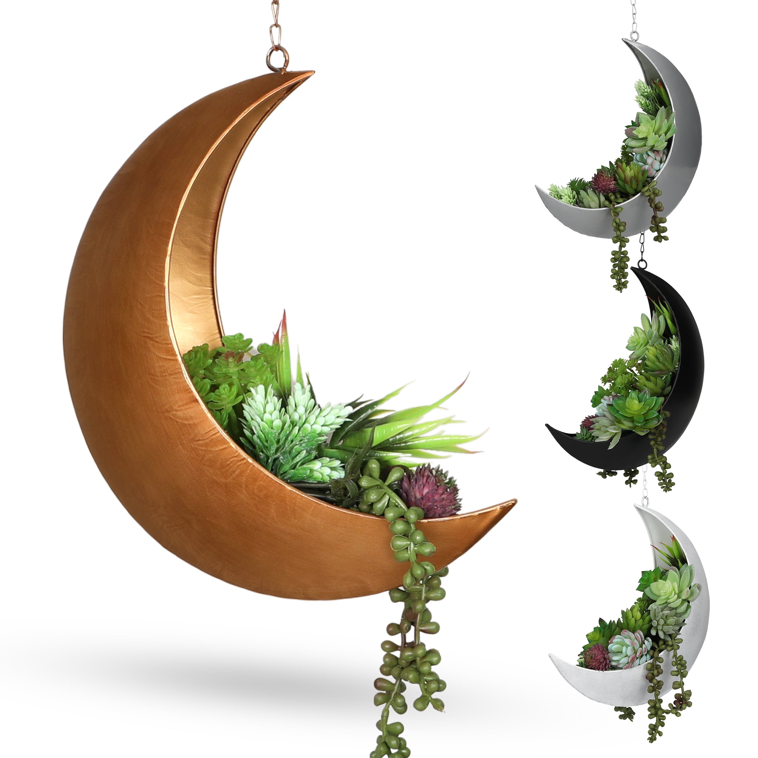 Oakadoaks Hanging Moon Planter for Moon Room Decor Great for Succulents,Air Plant,Mini Cactus,Faux,Artificial Plants-12” Boho Rustic Metal Planters,Gifts for Women,Birthdays,Nursery