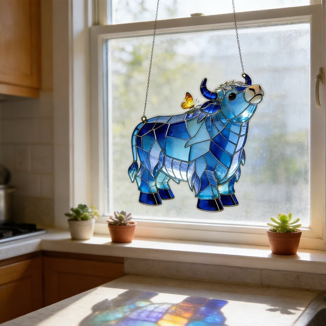 Atrapasol de Ganado Acrílico 2D para Ventana, Adorno Colgante con Cadena de Vitrales Que Filtra La Luz para Decoración de Interiores y Exteriores.