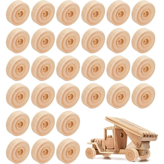 30 Pack Wood Craft Wheels 1.4” Diameter Unfinshed Wooden Wheels Treaded Wooden Tools Wheel with 0.1" Hole