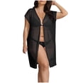 thumbnail image 2 of Women's Plus Size V Neck Open Front Cardigan Swimsuit Cover Up Hollow out Mesh Beach Lightweight Breathable Coverups for Swimwear Womens Coverups Skirt Black One Size, 2 of 6