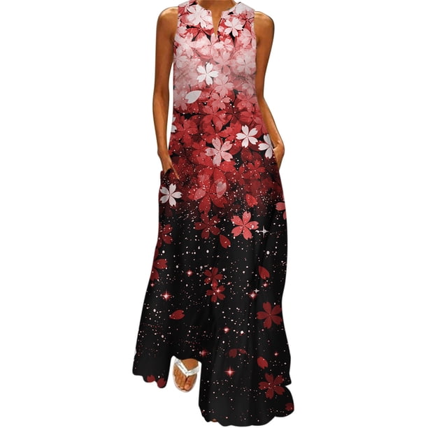 Gibobby Vestido largo para mujer Mujer Verano Casual Sin mangas Estampado con cuello en V Maxi Vestido suelto Boho Beach Vestido largo con bolsillos(Rojo,XL)