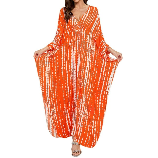 Riforla Robe de Plage pour Femmes Grande Taille Kaftan Robe Col en V Manches Chauve-Souris Imprimé Floral Protection Solaire Robe Orange Taille Unique