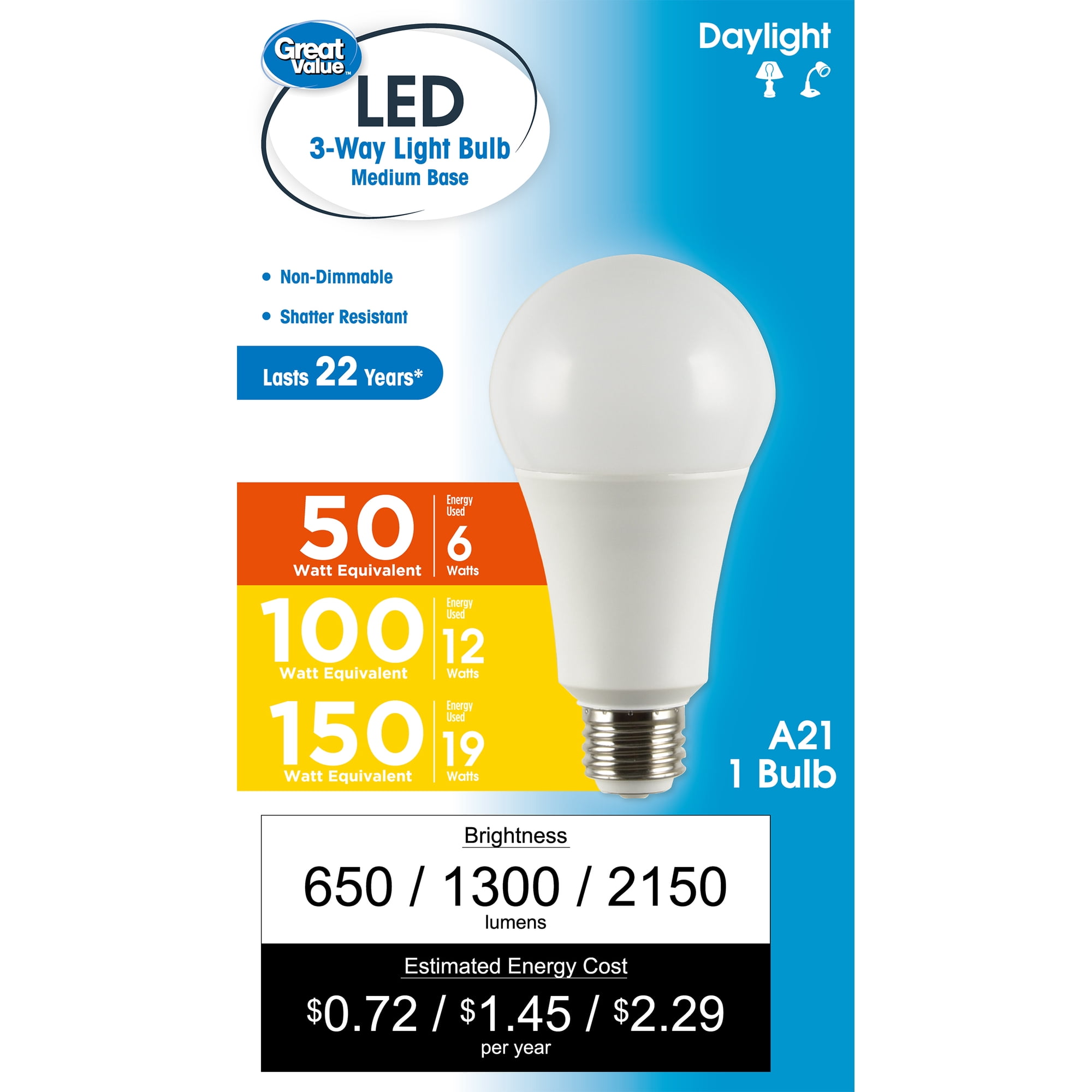 Great Value A21 LED 3-Way Light Bulb, 5000K Daylight, E26 Medium Base, 1 Pack