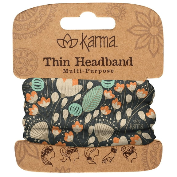 Karma Midnight Floral Headband for Women - Thin - Fabric Headband and Stretchy Hair Scarf - Dark Grey