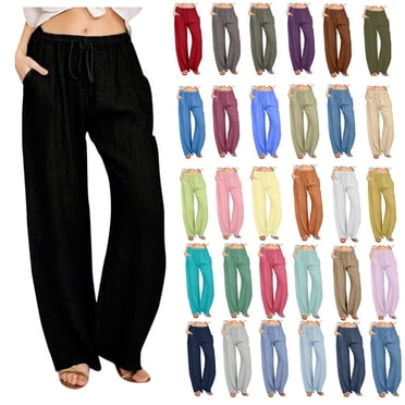 POROPL Womens  Pants, Casual Loose Cotton-Linen Wide Leg Drawstring Elastic Waist, Black, Size L