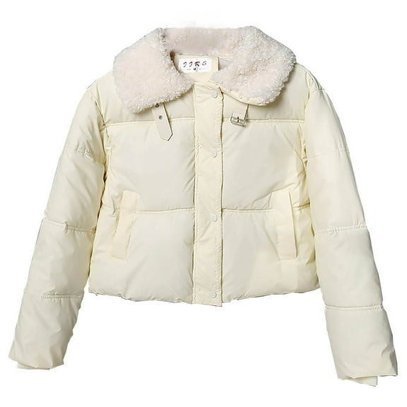 TKLPEHG Cropped Puffer Jacket for Women Warm Winter Coats with Fleece Collar Trendy Cute Thick Jackets with Pockets (White,XXL)