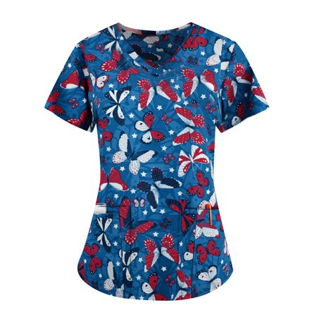 

Sksloeg Spring Printed Scrub Tops for Women Breathable Butterfly Pattern Blouse Short Sleeve Nurse Working Uniform V Neck Graphic Scrub Shirts Blue L