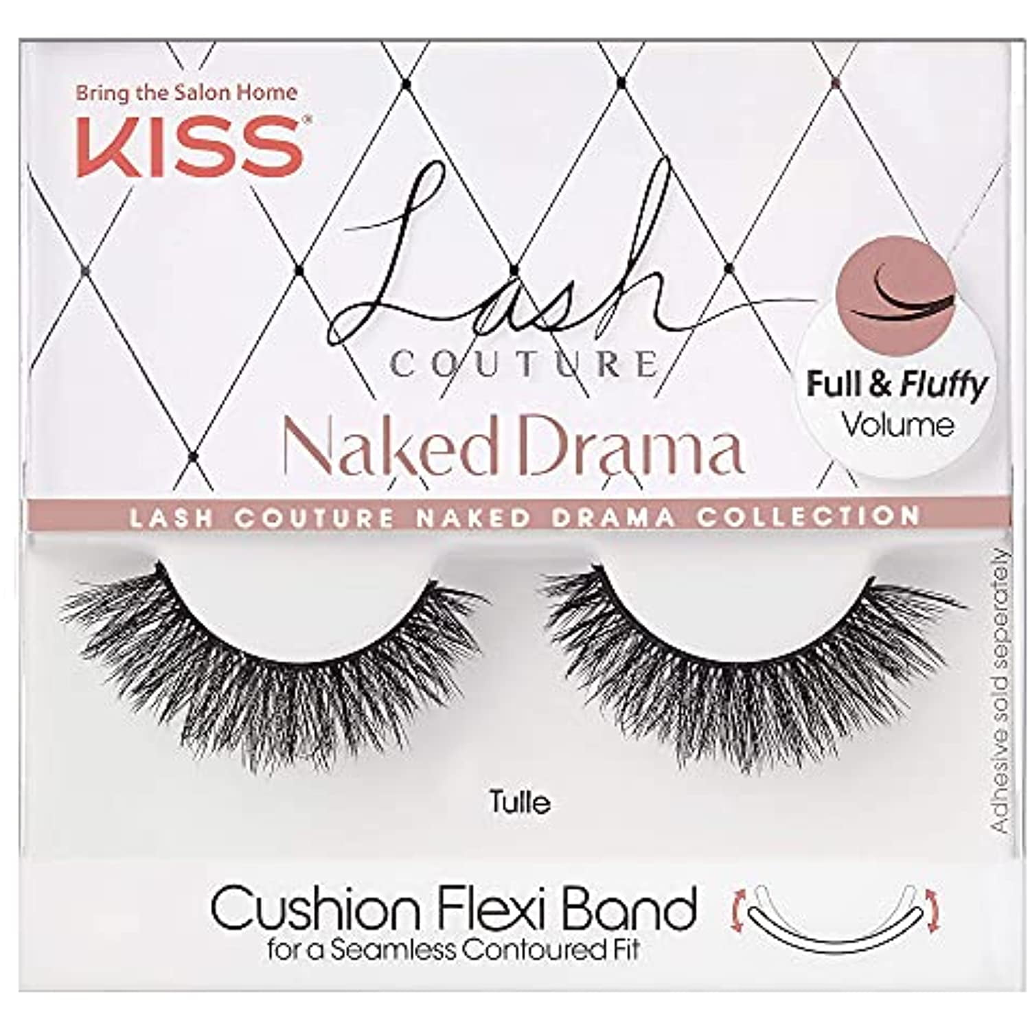 Kiss Lash Couture Naked Drama Collection, Full & Fluffy Volume 3D Faux Mink False Eyelashes, Cushion Flexi Band & Split-Tip Technology, Tapered, Reusable And Contact Lens Friendly, Style Tulle, 1