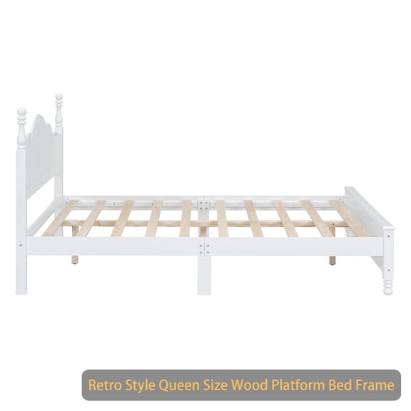 Queen Size Wood Platform Bed Frame,Retro Style Platform Bed with Wooden Slat Support,White