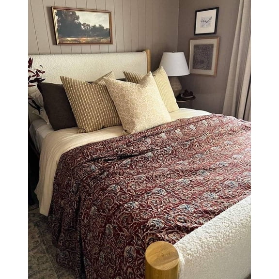 Handmade Burgundy Kantha Quilt: Floral Indian Cotton Bedding