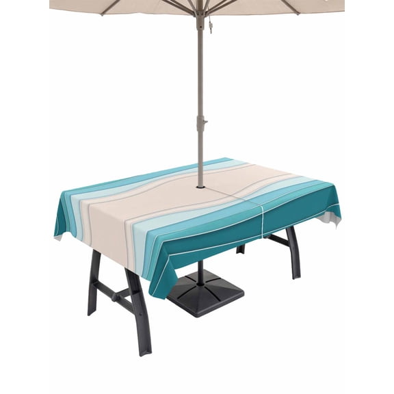 Outdoor Tablecloth with Umbrella Hole for Patio/Picnic/Party/Camping, Blue Stripes Waterproof Table Cloth Rectangle Table Cover Washable, Modern Gradient Abstract Striped Lines (54"x 80")