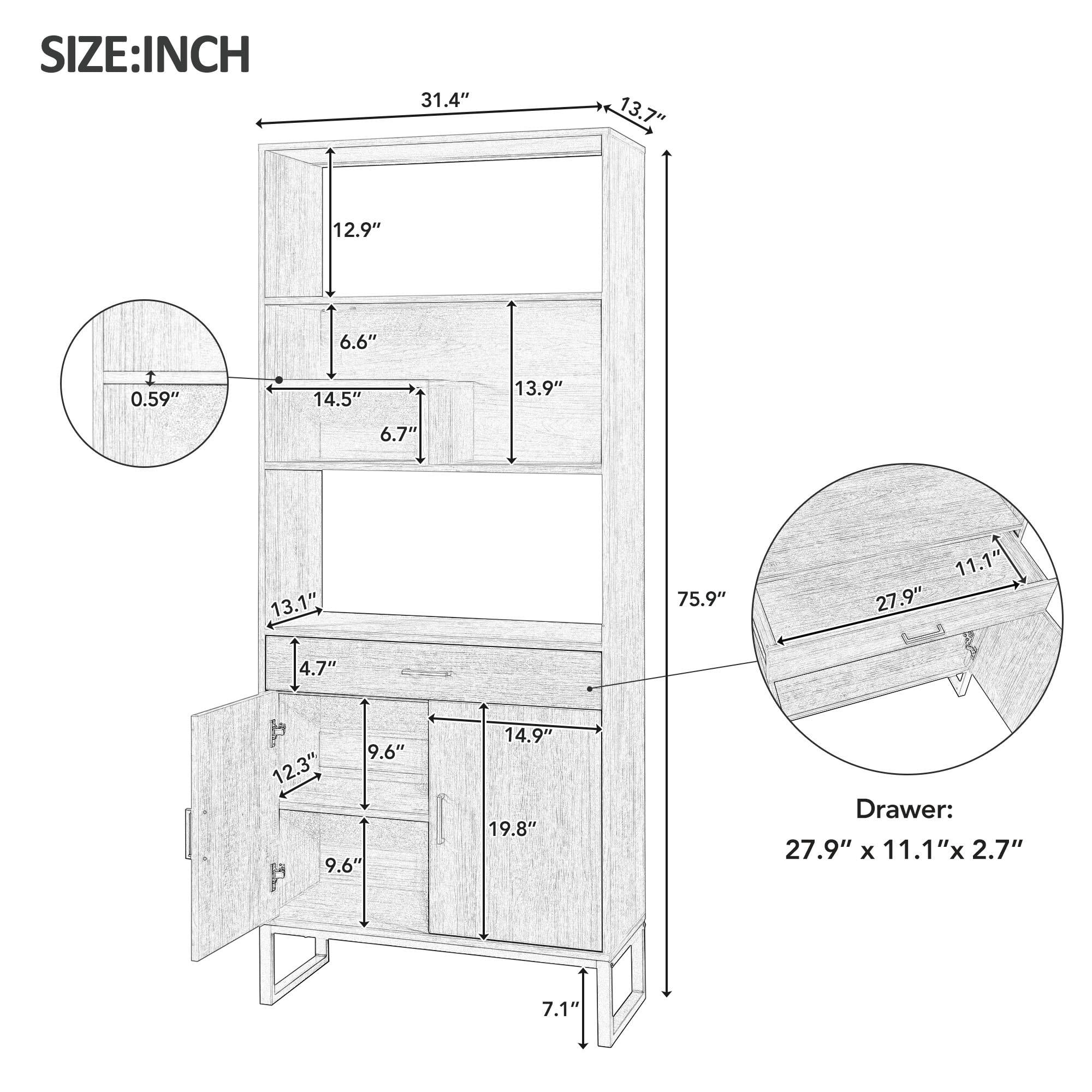 PORKISS Bookshelf with Doors, Wooden Bookcase with Storage Drawer and LED Strip Lights, Freestanding Display Rack Bookcase with Storage for Living Room and Office, Walnut