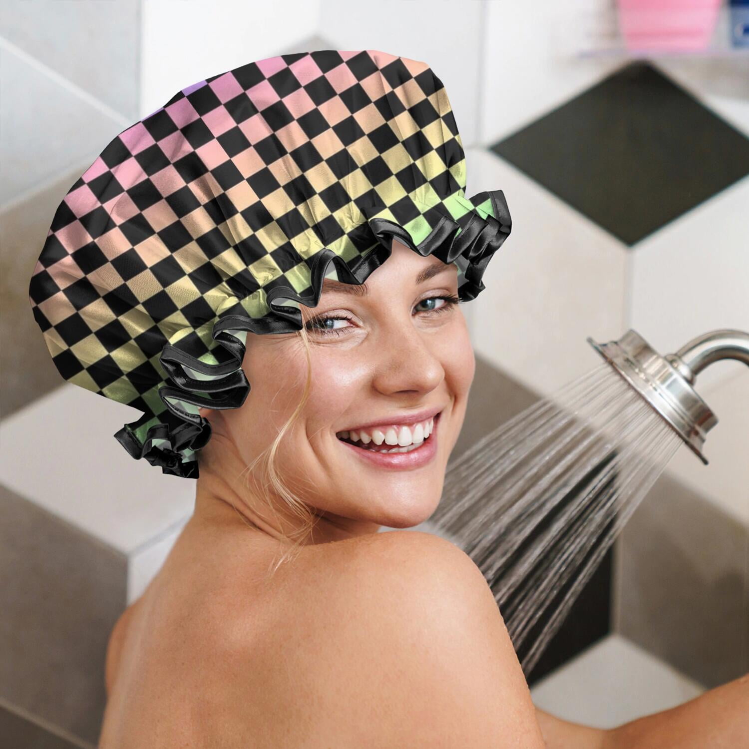 Shower Caps,Gradient Color Checkered Pattern Waterproof Shower Cap for Women 4 Pieces,Double Reusable Hair Cover for Shower PEVA Elastic Stretch Hem