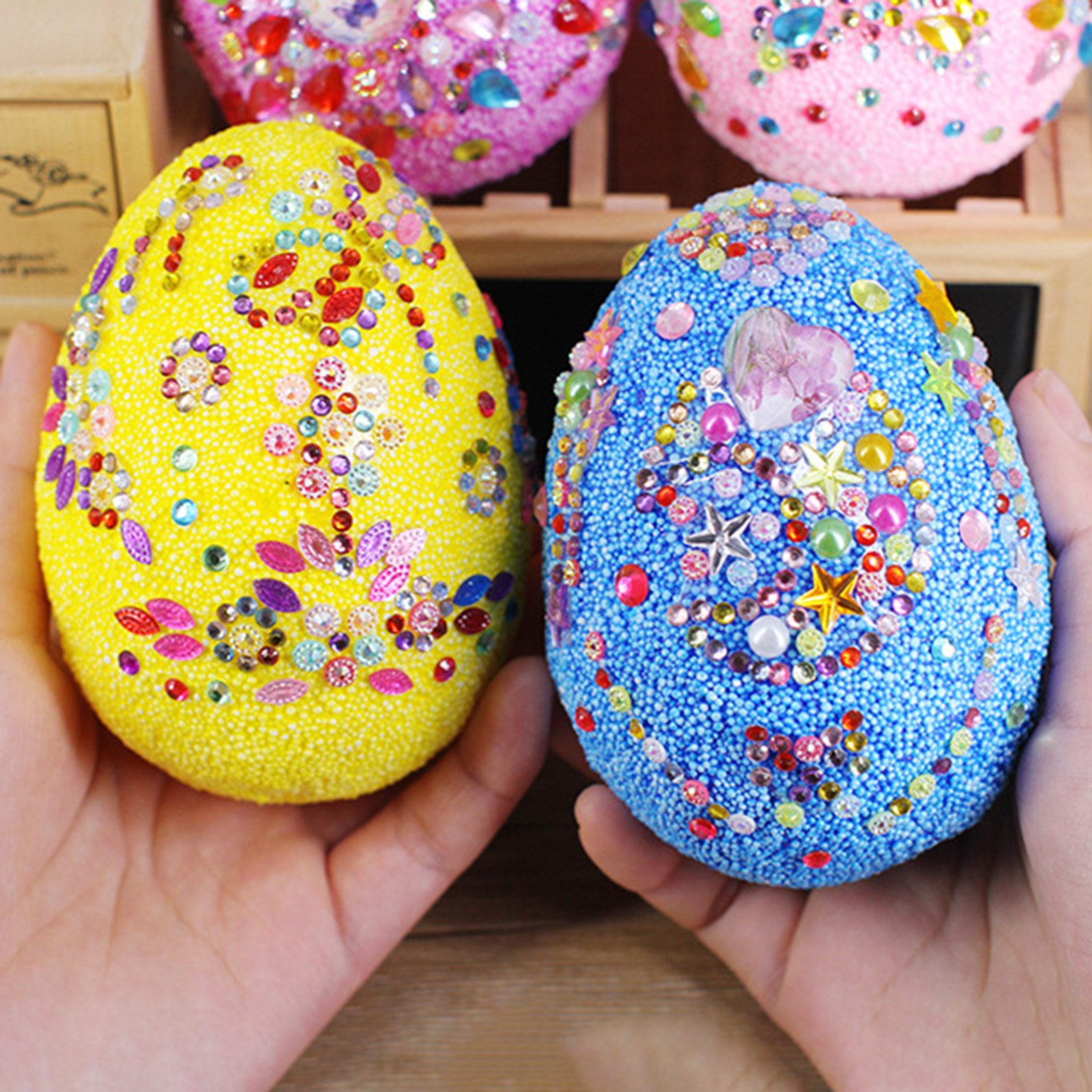 rygai 1 Set Eggs Toy with Rhinestone Stickers DIY Graffiti Toy Hand-painted Snow Polymer Clay Easter Eggs Holiday Gift,Pink