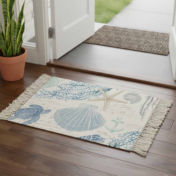 Blue Coastal Nautical Bathroom Rug 2'x3', Beach Sea Turtle Ocean Coral Starfish Low Profile Front Entryway Rug with Tassels, Woven Cotton Washable Kitchen Mat Carpet for Foyer Bedroom Back Door Decor