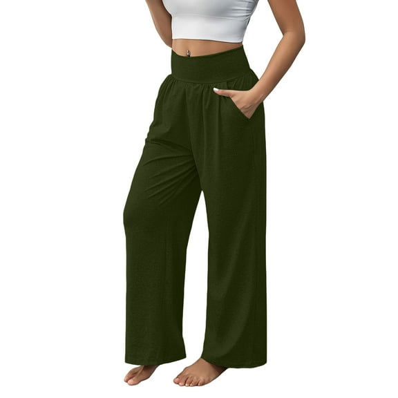 Travel Pants for Women Sevevn Womens Solid Color Casual Sports With Pockets Loose Straight Wide-leg Pants Yoga Pants Army Green L