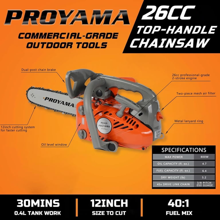 PROYAMA 26CC 2-Cycle Top Handle Gas Powered Chainsaw 12 Inch