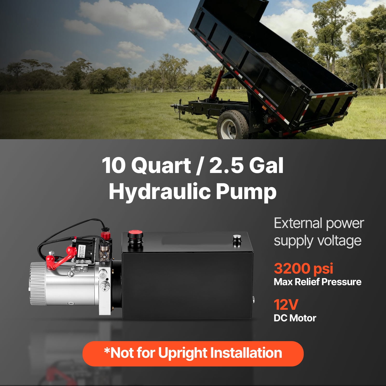 KFFKFF 10 Quart Hydraulic Pump, Double Acting Hydraulic Trailer Pump, 3200 PSI Max Pressure, 0.91 GPM Flow Rate, DC12V 1.6KW Power Unit for Dump Trailer and Vehicle Lifting (Horizontal Setup)
