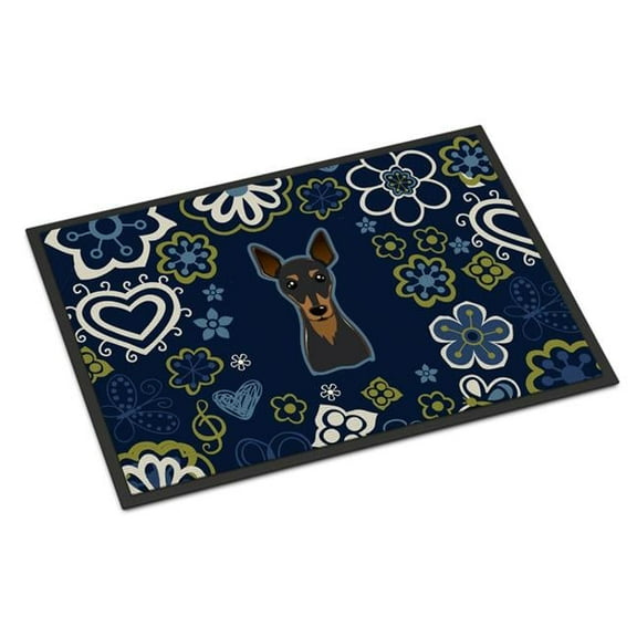 Carolines Treasures BB5091JMAT 24 x 36 in. Blue Flowers Min Pin Indoor or Outdoor Mat
