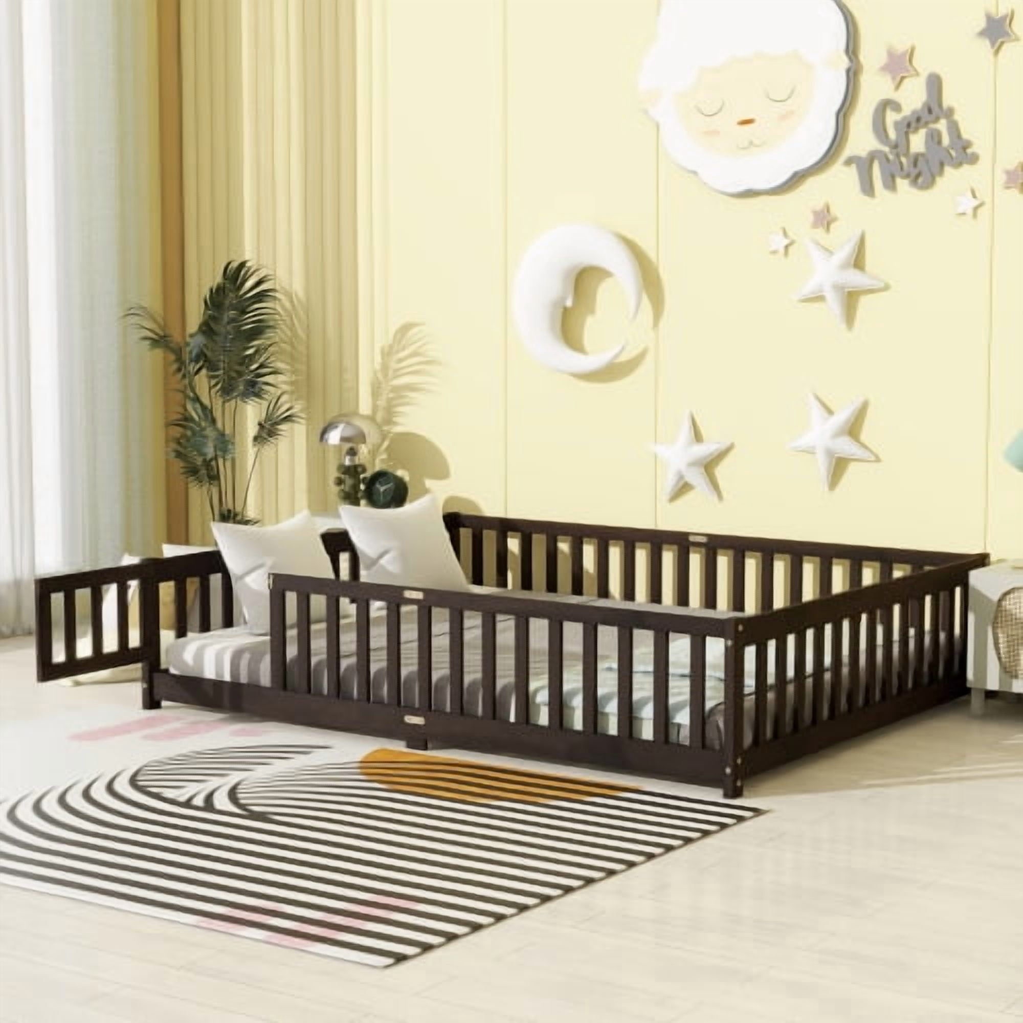 HOCOMILA Queen Size Floor Bed with Fence, Montessori Floor Bed with Slats and Safety Guardrails, Wood Queen Bed, Espresso
