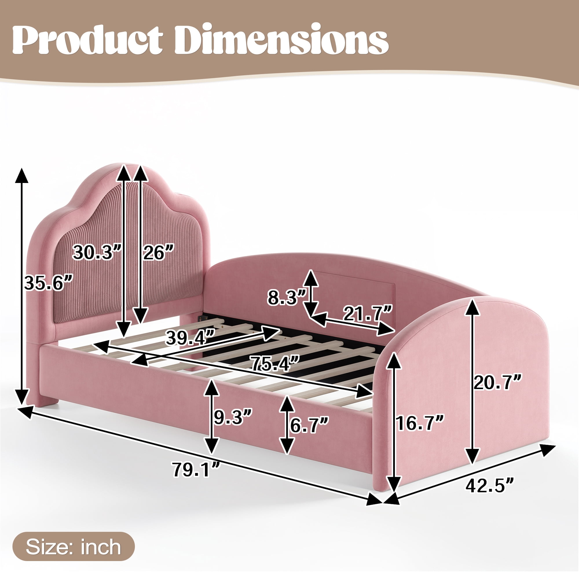 HOQBN Twin Size Curved Headboard Upholstered Floor Bed, Upholstered Kids Bed Frame with Safety Side Rails and Storage Pocket, Low Floor Playhouse Bed for Kids Bedroom,Pink