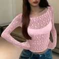 thumbnail image 5 of Lace Tops for Women Long Sleeve Mesh Slim Fit Crop Top Mock Neck Sheer Blouse Fashion Shirts Streetwear (S, Pink), 5 of 6