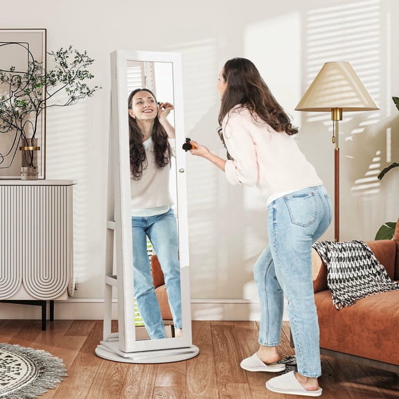 Resenkos 360° Swivel Jewelry Armoire - Lockable Cabinet with Full-Length Mirror & Storage Shelves, White