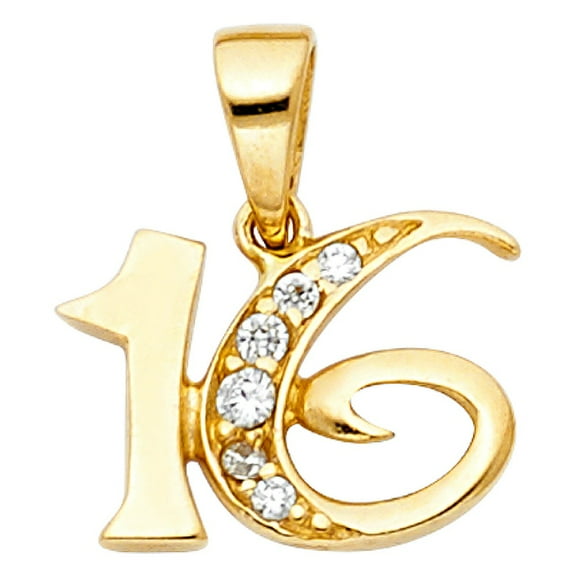 14k Yellow Solid Italian Gold CZ Sweet 16 Charm Pendant 10mm