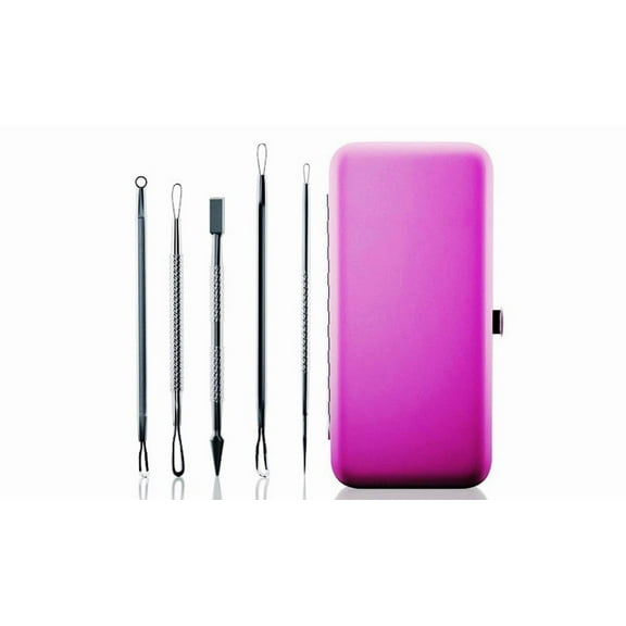 Blemish and Blackhead Remover Tool Kit (5-Piece) Magenta Leather Case Included