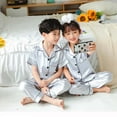 thumbnail image 3 of Pajamas Set for Boys Girls Silky Satin Pjs Sleepwear 2 PCS Set Short Sleeve Button Down Top Pants Home Wear, 3 of 7