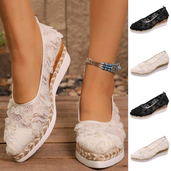 Gealkoca Women's Lace Wedge Heels Shoes Dressy Pointed Toe Shoes Mesh Breathable Closed Toe Shoes Comfortable Shoes Dressy Slip On Casual Shoes