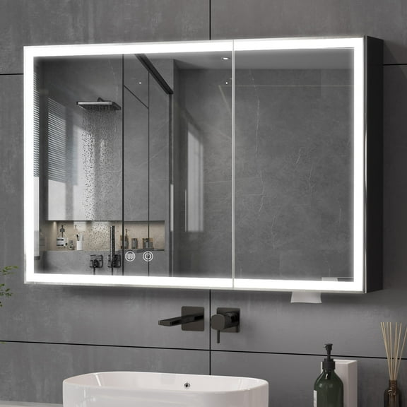 Jarbalai Bathroom Mirror Cabinet with LED Lights, Anti-Fog, Wall Mounted, 35.4" x 23.6", Black