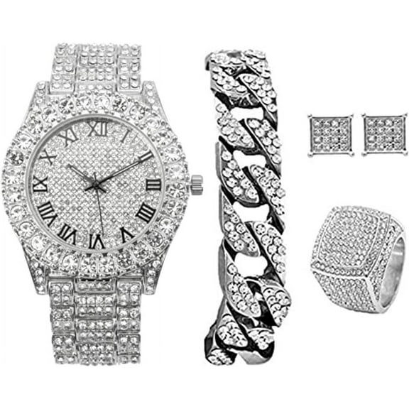 Bling-ed Out It's Lit! Hip Hop Watch & Jewerly Set w/Cuban Chain Bracelet in Silver, Kite Bling Earrings & Ring - GJM13