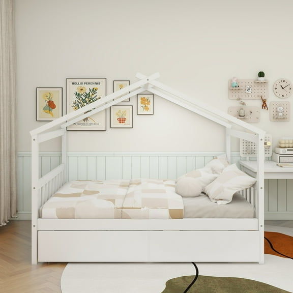 Full Size Wooden House Bed with Drawers, White