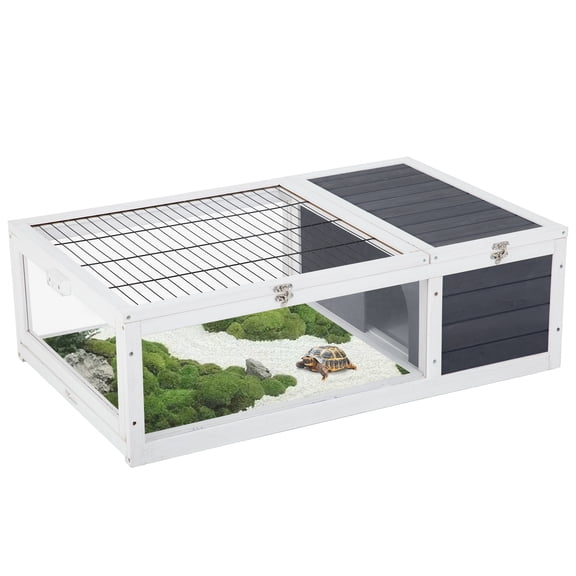 YRLLENSDAN Tortoise Habitat Wooden, Large Pet Tortoise Enclosure Indoor Outdoor with Rest Area, Activity Area and Removable Tray for Small and Medium-Sized Animals, Gray