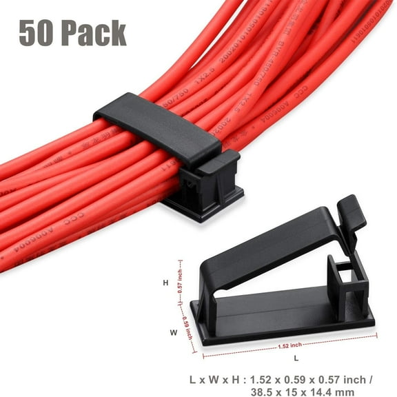 GOGHOST 50 Pack Self Adhesive Cable Management Clips,Cable Organizers Wire Clips Cord Holder for PC Laptop Ethernet Cable Desktop Home Office(1.78’’ x 0.75’’ x 0.28’’,Black)